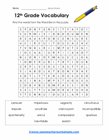 12th Grade Word Find Worksheet