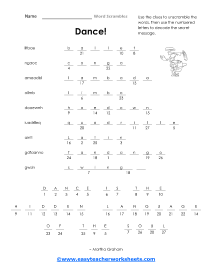 Dance Unscramble Worksheet