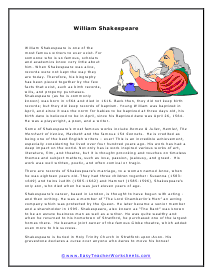 Shakespeare Reading Worksheet