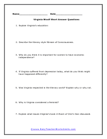 Virginia Woolf Short Answer Worksheet