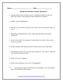 Orwell Short Answer Worksheet