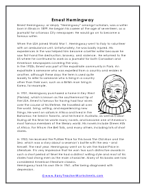 Ernest Hemingway Reading Worksheet