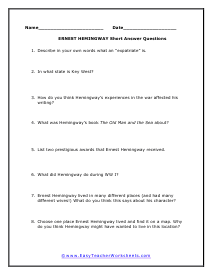 Hemingway Short Answer Worksheet