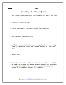 Joyce Short Answer Worksheet