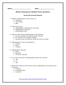 Shakespeare Multiple Choice Worksheet