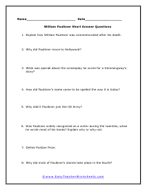 Faulkner Short Questions Worksheet