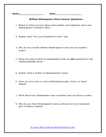 Shakespeare Short Answer Worksheet