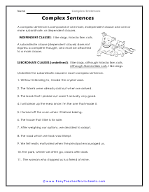 Complex Sentence Worksheets