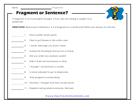 Sentence Fragment Worksheets