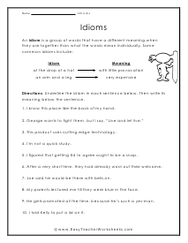 Common Idioms Worksheet