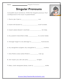 Singular Pronoun Worksheet