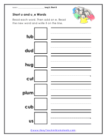 u and u_e Words Worksheet