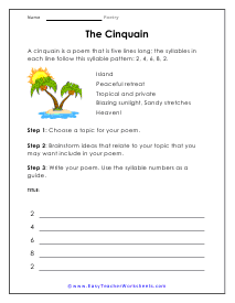 Cinquain Poem Worksheet