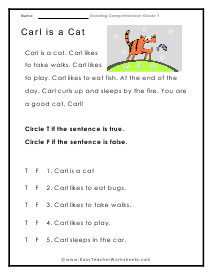 Carl is a Cat Reading Worksheet