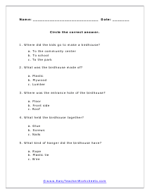 Birdhouse Questions Worksheet
