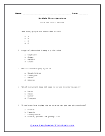 Piano Multiple Choice Worksheet