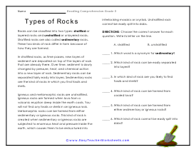 Types of Rocks Reading Worksheet