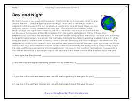Day and Night Reading Worksheet