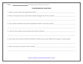 Humpback Whales Questions Worksheet