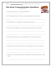 The Giver Comprehension Worksheet