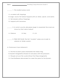 Pizza Questions Worksheet