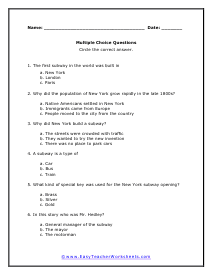 Subway Multiple Choice Worksheet