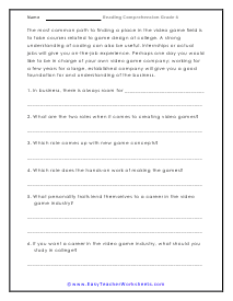 Video Games Question Worksheet