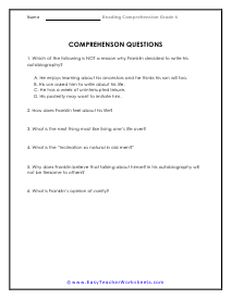 Benjamin Franklin Questions Worksheet