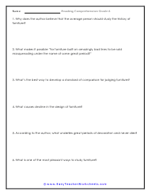 Study of Furniture Questions Worksheet