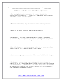 Shakespeare Short Answer Worksheet