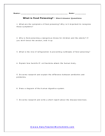 Food Poisoning Short Answer Worksheet