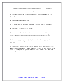 Urban Trees Short Answer Worksheet