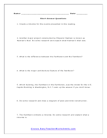 Roman Pantheon Short Answer Worksheet