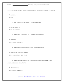 Size of Nations Question Worksheet