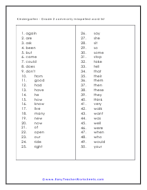 K-2 Commonly Misspelled Worksheet