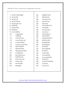 Middle School Commonly Misspelled Worksheet