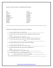 Lesson Three 5th Grade Spelling Workbook