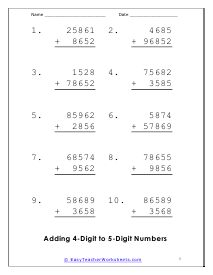 Adding 4-Digit to 5-Digit Worksheet