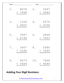 Adding Four Digit Numbers Large Font Worksheet