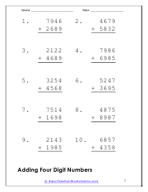 Adding Four Digit Numbers Large Font Worksheet # 2
