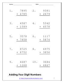 Adding Four Digit Numbers Large Font Worksheet # 3