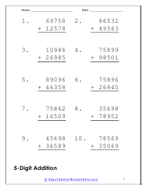 Adding Large Numbers Worksheets