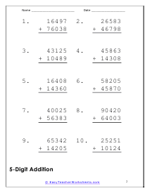 Adding Large Numbers Worksheets