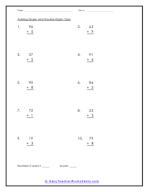 Adding One and Two Digit Numbers Quiz