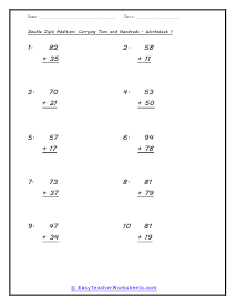 Carrying Tens and Hundreds Worksheet 1