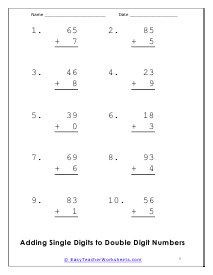 Adding Single and Double Digits Worksheet