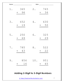 Adding 2-Digit to 3-Digit Numbers Worksheet 2