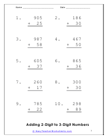 Adding 2-Digit to 3-Digit Numbers Worksheet 3
