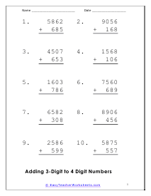 Adding 3-Digit to 4 Digit Numbers Worksheet