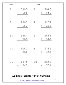 Adding 3-Digit to 4 Digit Numbers Worksheet 2